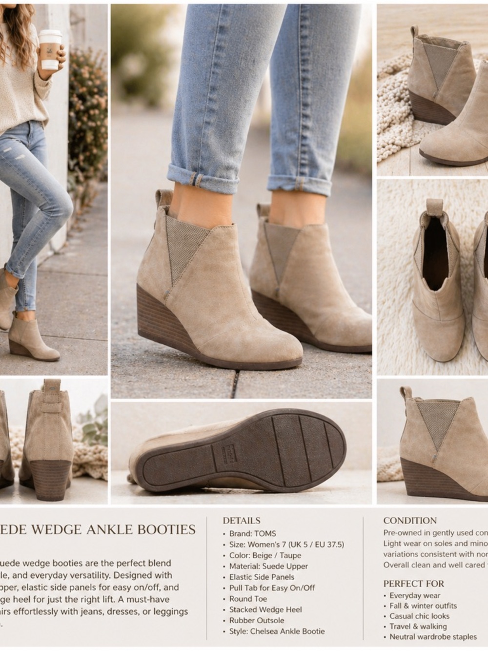 TOMS Ankle Booties Womens 7 Beige Suede Chelsea Wedge Pull On Boots Quiet Luxury